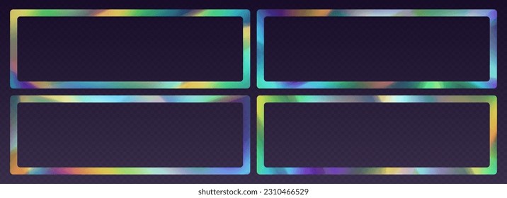 Marco de refracción de cristal, borde de luz solar arco iris, efecto luminoso prismático, reflejos holográficos en forma rectangular. Rayos ópticos borrosos. efecto caleidoscopio vintage. Elemento de diseño de vectores.