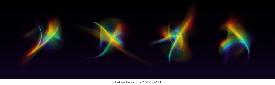 Superposición de refracción de cristal, erupción de fugas, efecto de luz solar arco iris, reflejos holográficos aislados en un fondo negro. Rayos ópticos borrosos, blisters de cámara vintage. Ilustración vectorial.