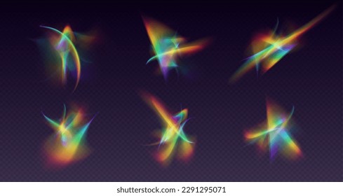 Crystal refraction overlay, leak flare, rainbow sunlight effect, holographic reflections isolated on a black background. Blurred optical rays, vintage camera glares. Vector illustration.