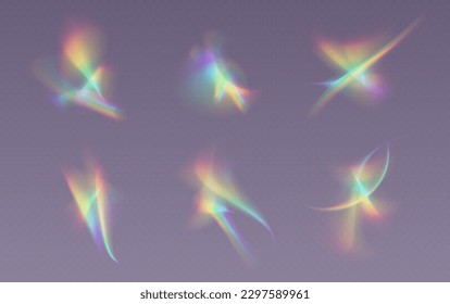 Superposición de refracción de cristal, erupción de fugas, efecto de luz solar arco iris, reflejos holográficos. Rayos ópticos borrosos, blisters de cámara vintage. Ilustración vectorial.