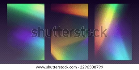 Crystal refraction overlay, leak flare, rainbow sunlight effect, holographic reflections for posters or social media. Blurred optical rays, vintage camera glares. Vector illustration.