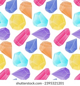 Crystal seamless pattern. Bright multicolored gradient transparent gems and crystals on a white background. Vector illustration. Packaging for a gift. Bright repeating large stones in the ornament.