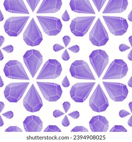 Kristallnahtloses Muster. Helle violette Farbverlauf-Transparente Edelsteine und Kristalle auf weißem Hintergrund. Vektorgrafik. Verpackung für ein Geschenk. Ein heller Schmuckzyklus. Symmetrische Verzierung