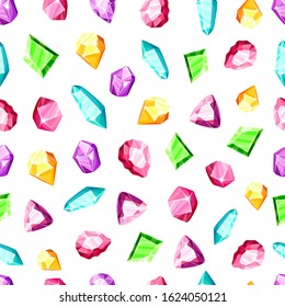 Crystal seamless pattern - colorful blue, golden, pink, violet, rainbow crystals or gems on white background, endless background with gemstones, minerals, diamonds, flat vector for textile, wrapping