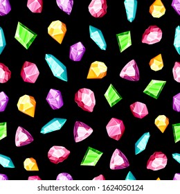 Crystal seamless pattern - colorful blue, golden, pink, violet, rainbow crystals or gems on white background, endless background with gemstones, minerals, diamonds, flat vector for textile, wrapping