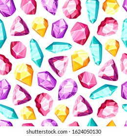 Crystal seamless pattern - colorful blue, golden, pink, violet, rainbow crystals or gems on white background, endless background with gemstones, minerals, diamonds, flat vector for textile, wrapping