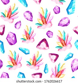 Crystal seamless pattern - colorful blue, golden, pink, violet, rainbow crystals or gems on white background, endless background with gemstones, minerals, diamonds, flat vector for textile, wrapping