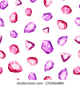 Patrón transparente - azul colorido, dorado, rosa, violeta, cristales o gemas arcoiris sobre fondo blanco, fondo interminable con piedras preciosas, minerales, diamantes, vector plano para textiles, envoltura