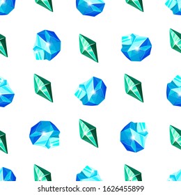 Crystal seamless pattern - colorful rainbow crystals or gems on white background, endless background with gemstones, minerals, diamonds, flat vector for textile, wrapping paper, scrapbooking