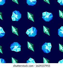 Crystal seamless pattern - colorful rainbow crystals or gems on white background, endless background with gemstones, minerals, diamonds, flat vector for textile, wrapping paper, scrapbooking