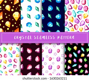 Crystal seamless pattern - colorful rainbow crystals or gems on white background, endless background with gemstones, minerals, diamonds, flat vector for textile, wrapping paper, scrapbooking
