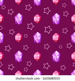 Crystal seamless pattern - colorful rainbow crystals or gems on white background, endless background with gemstones, minerals, diamonds, flat vector for textile, wrapping paper, scrapbooking