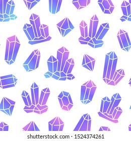 Crystal seamless pattern with gemstone icons. Geometric mineral on white background with shiny neon stone quartz, glowing diamond for magic jewelry poster design.