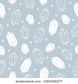 Crystal seamless pattern. White gemstones and stars on blue background. Vector illustration