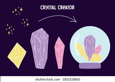 Cristal. Creador de cristal Piedra cristalina o gema. Cristales dibujados a mano mágica y texturas de estrellas Vector