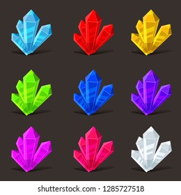 Crystal set. Different colors. Crystal stone or precious stone. Precious stone Magic, fantasy crystals and semiprecious stones. For games, applications, advertising, sites. Vector illustration