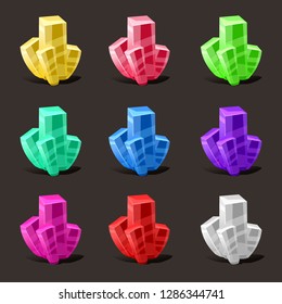 Crystal set. Different colors. Crystal stone or precious stone. Precious stone Magic, fantasy crystals and semiprecious stones. For games, applications, advertising, sites. Vector illustration