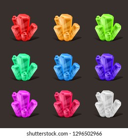 Crystal set. Different colors. Crystal stone or precious stone. Precious stone Magic, fantasy crystals and semiprecious stones. For games, applications, advertising, sites. Vector illustration