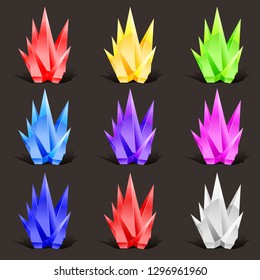 Crystal set. Different colors. Crystal stone or precious stone. Precious stone Magic, fantasy crystals and semiprecious stones. For games, applications, advertising, sites. Vector illustration