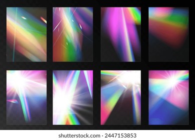 Crystal set glas light rainbow reflection effect.Optical,lights,glare,template.