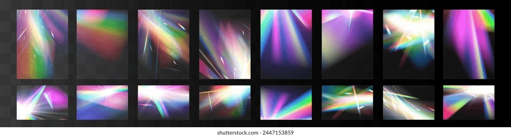 Cristal conjunto de vidrio luz arco iris efecto de reflexión. Óptico, luces, brillo, Plantilla.