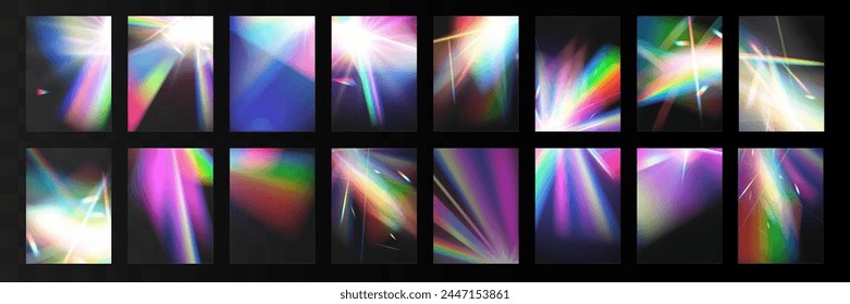 Cristal conjunto de vidrio luz arco iris efecto de reflexión. Óptico, luces, brillo, Plantilla.