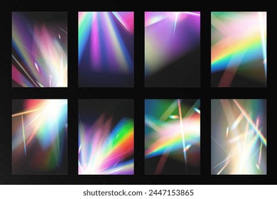 Cristal conjunto de vidrio luz arco iris efecto de reflexión. Óptico, luces, brillo, Plantilla.