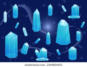 Kristallset. Heilendes transparentes HeilQuarz. Blauer Farbverlauf-Transparenter, heller Edelstein. Der Zauberstein