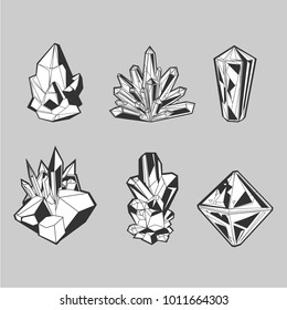 Crystal set. Isolated icons collection. Grayscale line art