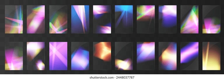 Cristal conjunto de gafas de luz efecto de reflexión arco iris. Plantilla óptica, luces, brillo.	
