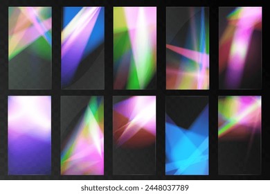Cristal conjunto de gafas de luz efecto de reflexión arco iris. Plantilla óptica, luces, brillo.	
