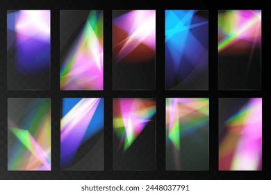 Cristal conjunto de gafas de luz efecto de reflexión arco iris. Plantilla óptica, luces, brillo.	