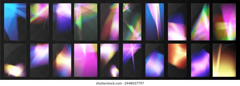 Cristal conjunto de gafas de luz efecto de reflexión arco iris. Plantilla óptica, luces, brillo.	