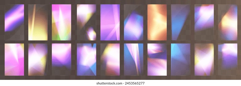 Cristal conjunto de gafas de luz efecto de reflexión arco iris. Plantilla óptica, luces, brillo.