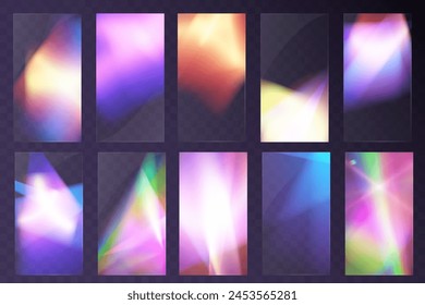 Cristal conjunto de gafas de luz efecto de reflexión arco iris. Plantilla óptica, luces, brillo.
