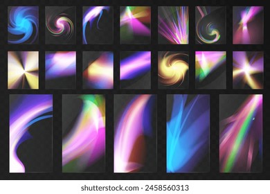 Cristal conjunto de gafas de luz efecto de reflexión arco iris. Plantilla óptica, luces, brillo.
