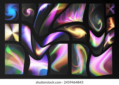 Cristal conjunto de gafas de luz efecto de reflexión arco iris. Plantilla óptica, luces, brillo.