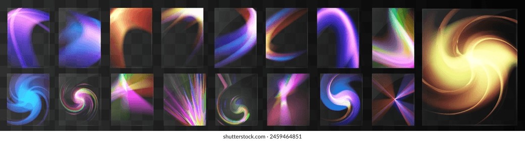 Cristal conjunto de gafas de luz efecto de reflexión arco iris. Plantilla óptica, luces, brillo.