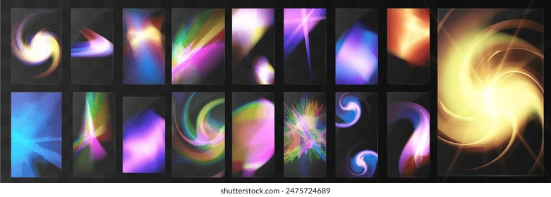 Cristal conjunto de gafas de luz efecto de reflexión arco iris. Plantilla óptica, luces, brillo. Vidrio teñido.	