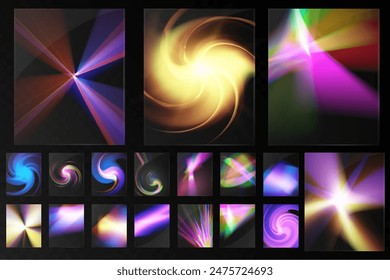 Cristal conjunto de gafas de luz efecto de reflexión arco iris. Plantilla óptica, luces, brillo. Vidrio teñido.	