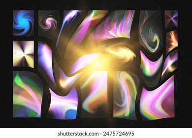 Cristal conjunto de gafas de luz efecto de reflexión arco iris. Plantilla óptica, luces, brillo. Vidrio teñido.	