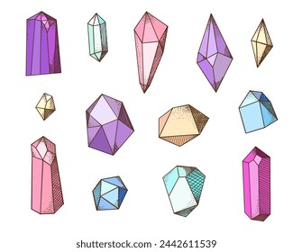 Set de cristal. Cuarzo mágico de diferentes formas y colores. Gemas místicas ocultas. Joyas de gemas, diamantes de lujo coloridos. Tesoro de joyas. Elementos aislados decorativos. Minimalismo ilustración vectorial