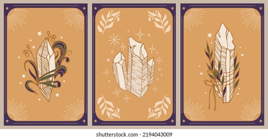 Crystal set with sprigs of a plant. The magic of plants and minerals. ritual amulet. Vintage illustration in boho style. Halloween, witchcraft. For logo, posters, cards, banners, fabric printing