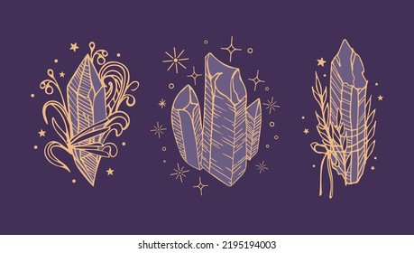 Kristallbesteck mit Zwiebeln einer Pflanze. Der Zauber der Pflanzen und Mineralien. rituelles Amulett. Vintage-Illustration im Boho-Stil. Halloween, Hexerei. Für Logos, Poster, Karten, Banner, Stoffdruck