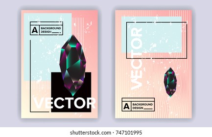 Crystal shapes poster covers set with modern hipster and memphis background colors. Vector templates for placards, banners, presentations and reports.