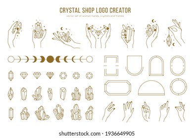 Crystal shop vector logo creator with different woman hands, frames, gemstones and female hands holding crystals. Trendy minimal linear style, simple design, modern logos. 