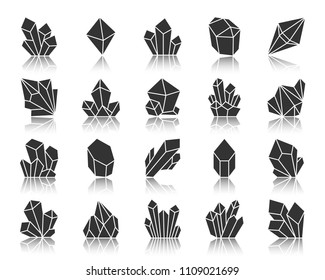 Crystal Silhouette Icons Set. Monochrome Sign Kit Of Gemstone. Mineral Pictogram Collection Includes Triangle, Polygon, Emerald Prism. Simple Vector Black Symbol. Crystal Shape Icon With Reflection