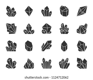 Crystal Silhouette Icons Set. Sign Kit Of Gemstone. Mineral Pictogram Collection Includes Emerald, Stalagmite, Gold, Stone. Simple Crystal Black Symbol Isolated On White. Vector Icon Shape For Stamp