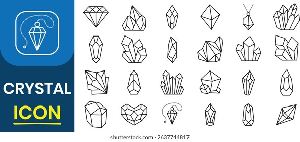 Crystal silhouette vector icon set. Crystal vector icon set. Mineral includes ruby, sapphire topaz, emerald. Mineral rock, diamond shape, salt, abstract gemstone. Diamond vector illustration.