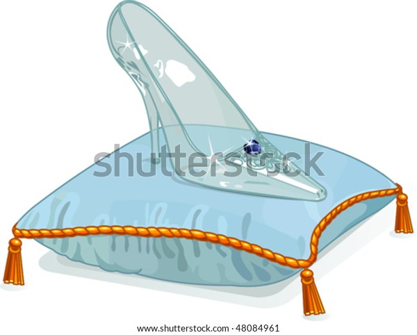 Crystal Cinderella's glass slipper on blue pillow.
